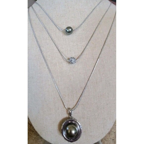 Swarovski Triple Strand Pendant Faux Pearl Crystal Necklace Swan Signed - Picture 1 of 8